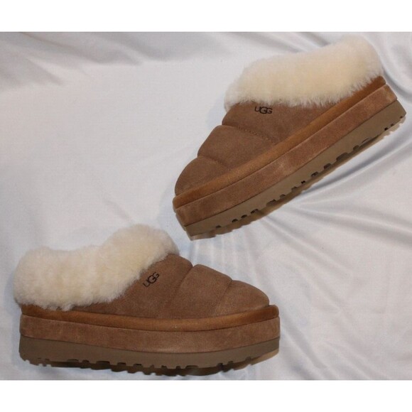 UGG TAZZLITA CHESTNUT SUEDE SHEEPSKIN PLATFORM SLIPPERS WOMEN'S NIB - Picture 2 of 8